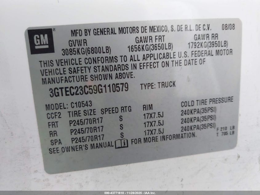 2009 GMC Sierra 1500 Sle VIN: 3GTEC23C59G110579 Lot: 43771618