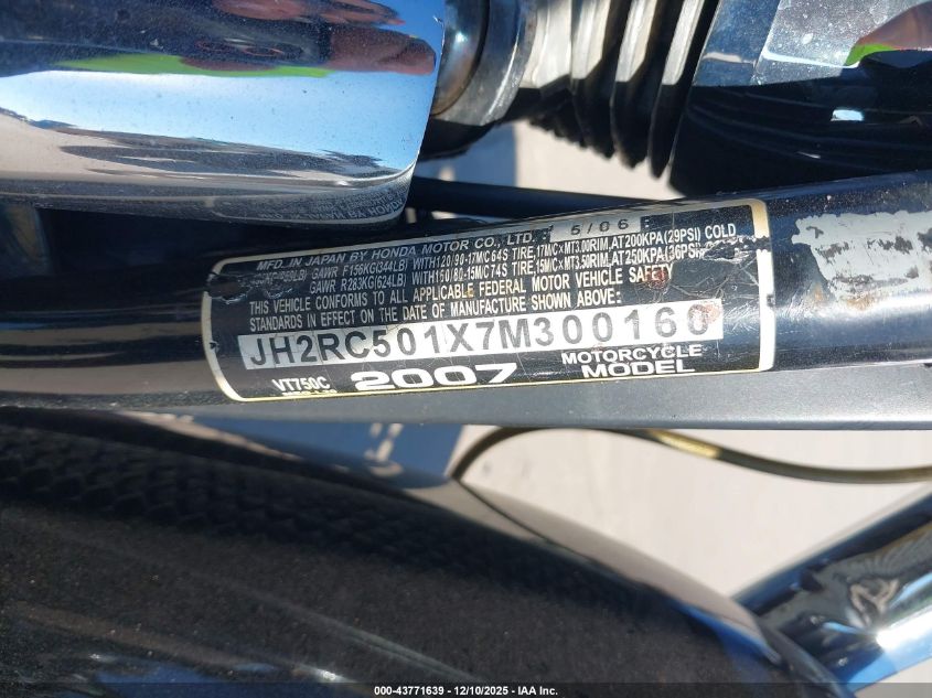 2007 Honda Vt750 VIN: JH2RC501X7M300160 Lot: 43771639