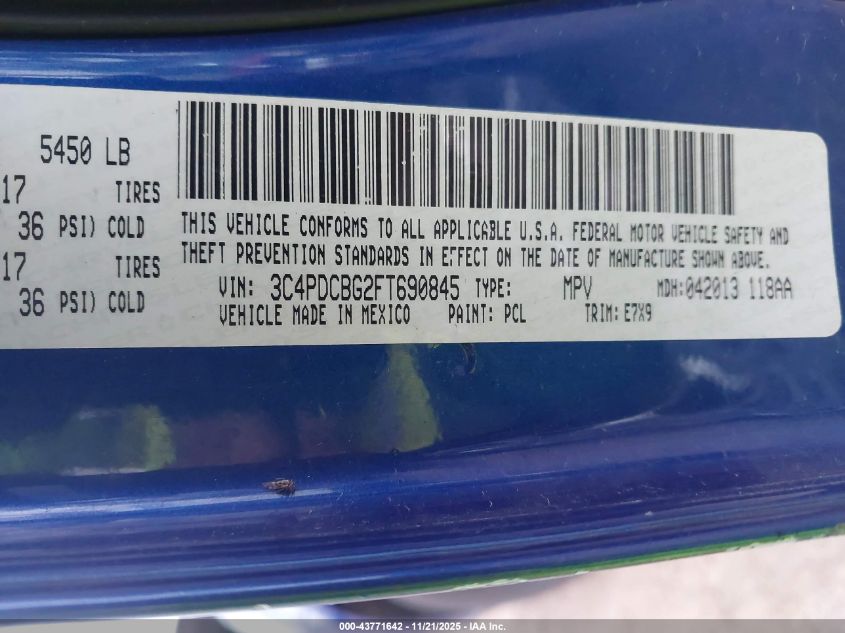 2015 Dodge Journey Sxt VIN: 3C4PDCBG2FT690845 Lot: 43771642