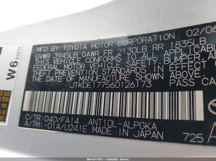 2006 Scion Tc VIN: JTKDE177560126173 Lot: 43771673