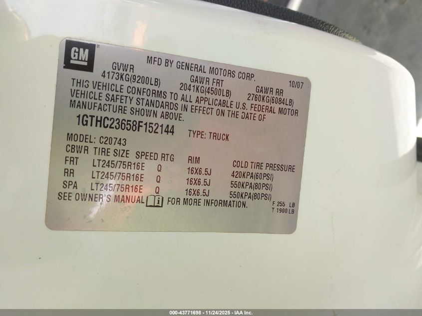 2008 GMC Sierra 2500Hd Sle2 VIN: 1GTHC23658F152144 Lot: 43771698