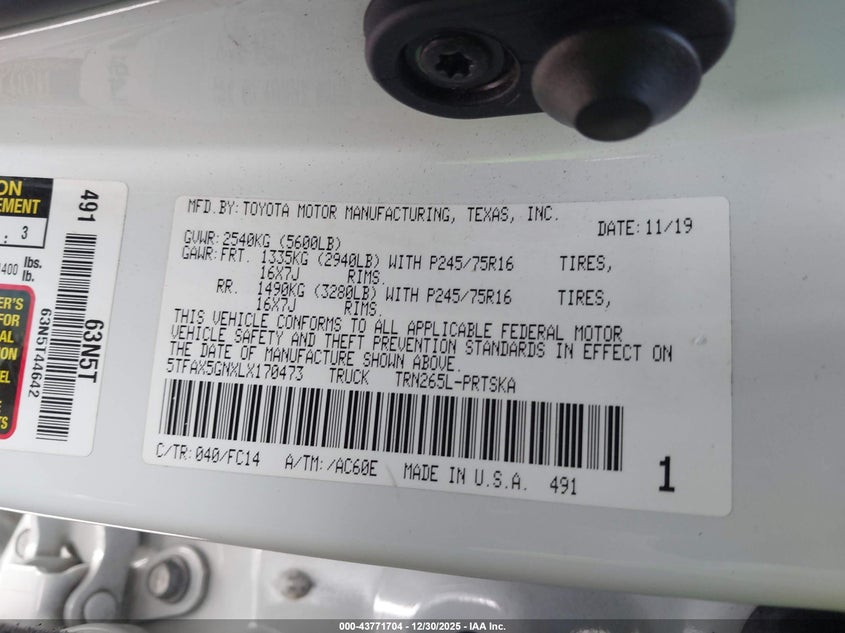 2020 Toyota Tacoma Sr5 VIN: 5TFAX5GNXLX170473 Lot: 43771704