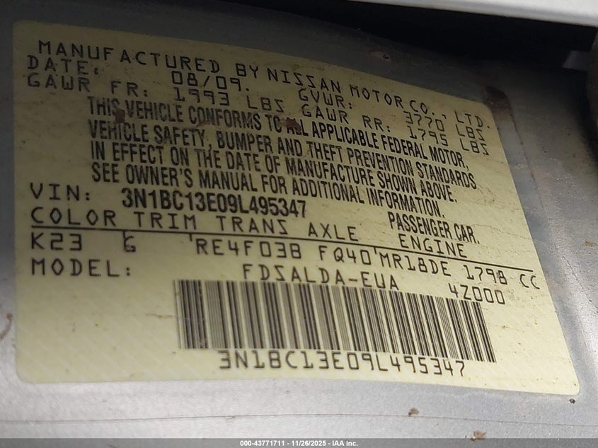 2009 Nissan Versa 1.8S VIN: 3N1BC13E09L495347 Lot: 43771711