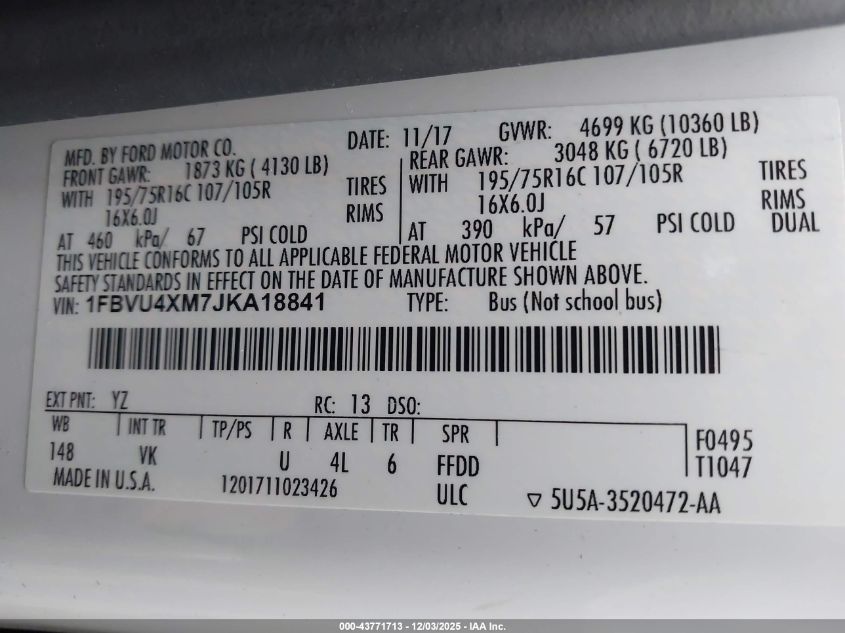 2018 Ford Transit-350 Xl VIN: 1FBVU4XM7JKA18841 Lot: 43771713