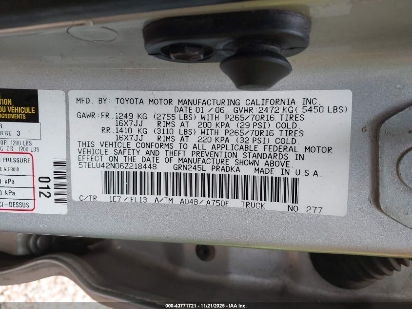 2006 Toyota Tacoma Base V6 VIN: 5TELU42N06Z218448 Lot: 43771721