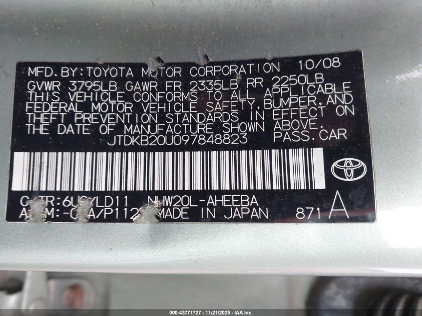2009 Toyota Prius VIN: JTDKB20U097848823 Lot: 43771727
