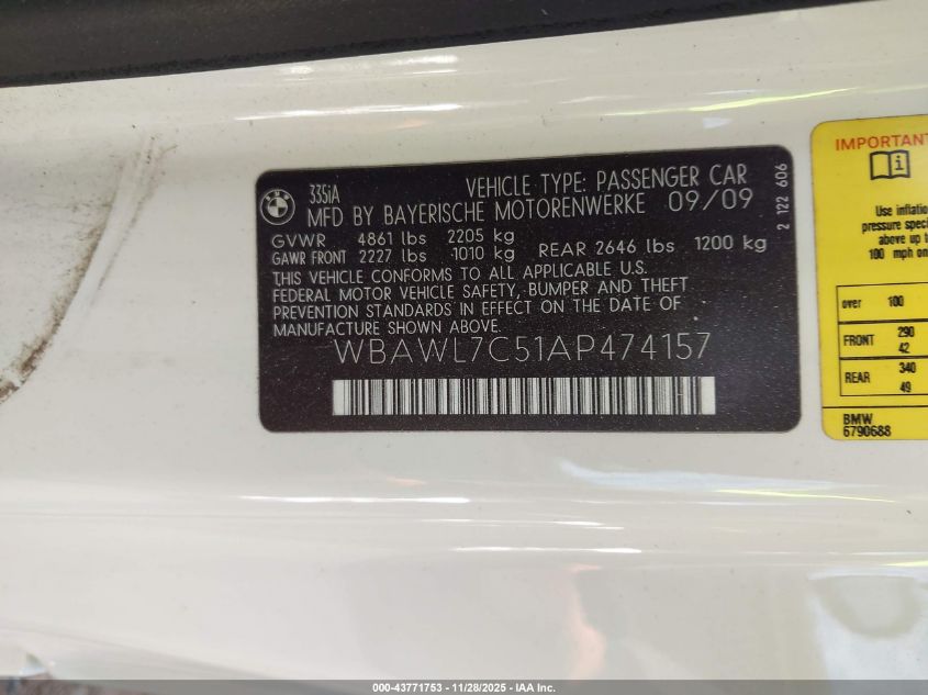 2010 BMW 335I VIN: WBAWL7C51AP474157 Lot: 43771753