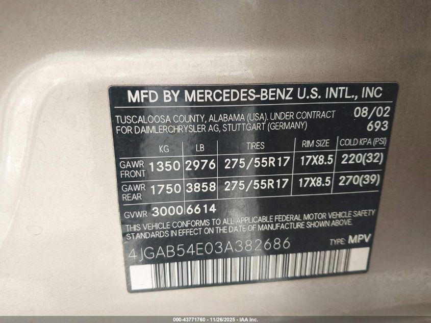 2003 Mercedes-Benz Ml 320 VIN: 4JGAB54E03A382686 Lot: 43771760