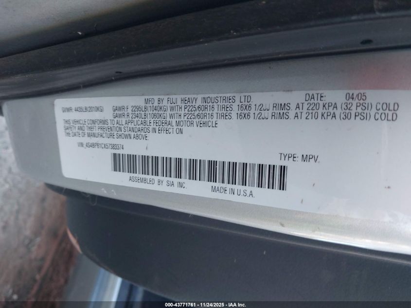 2005 Subaru Outback 2.5I VIN: 4S4BP61CX57383374 Lot: 43771761