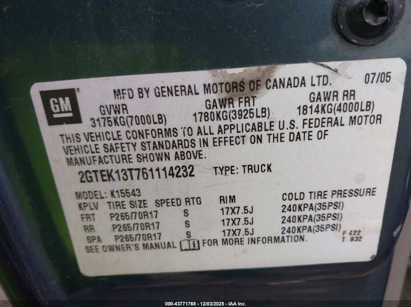 2006 GMC Sierra 1500 Slt VIN: 2GTEK13T761114232 Lot: 43771768