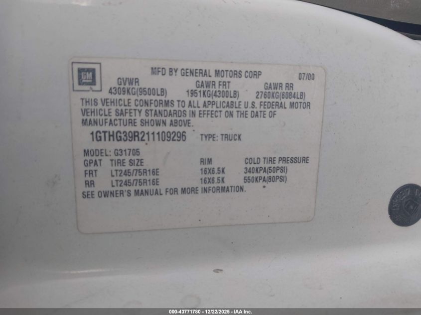 2001 GMC Savana Standard VIN: 1GTHG39R211109296 Lot: 43771780