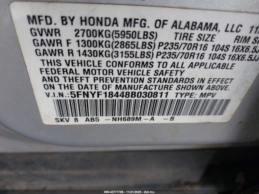 2008 Honda Pilot Ex VIN: 5FNYF18448B030811 Lot: 43771786