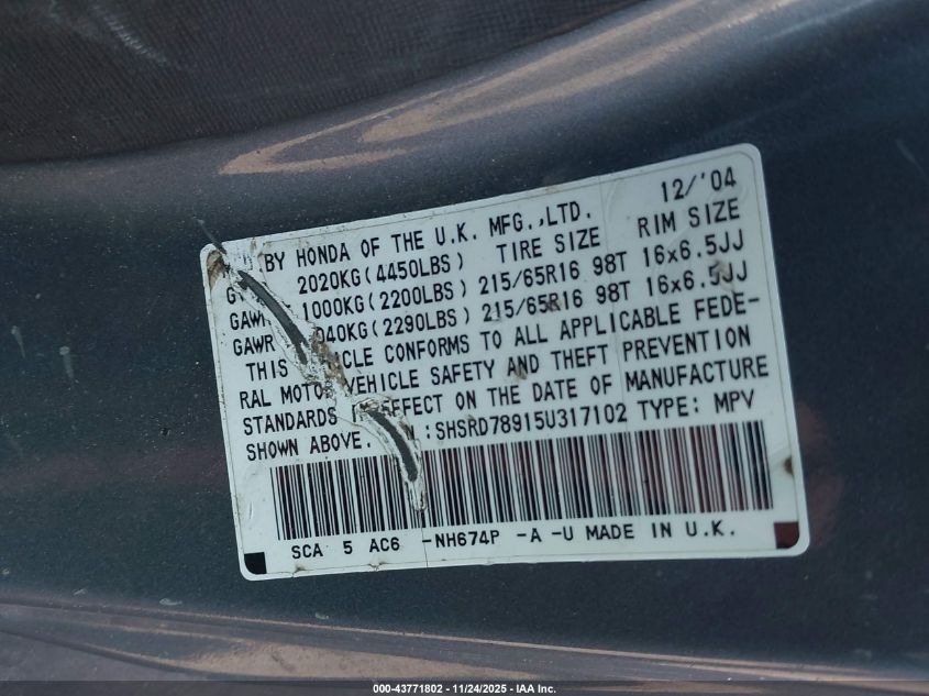 2005 Honda Cr-V Se VIN: SHSRD78915U317102 Lot: 43771802