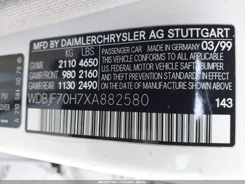 1999 Mercedes-Benz E 430 VIN: WDBJF70H7XA882580 Lot: 43771803