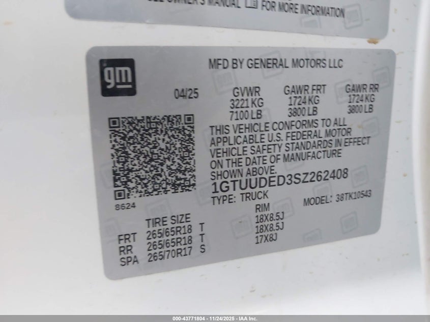 2025 GMC Sierra 1500 4Wd Short Box Slt VIN: 1GTUUDED3SZ262408 Lot: 43771804