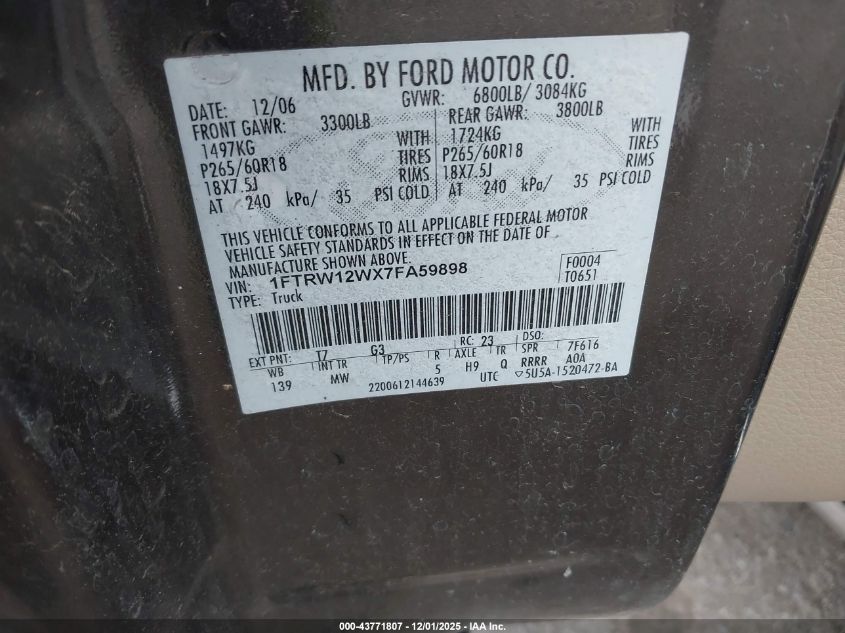 2007 Ford F-150 Xlt VIN: 1FTRW12WX7FA59898 Lot: 43771807