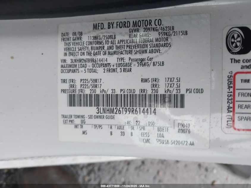 2009 Lincoln Mkz VIN: 3LNHM26T99R614414 Lot: 43771808