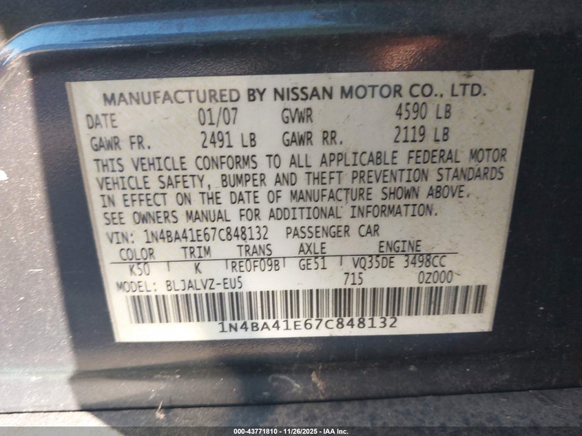 2007 Nissan Maxima 3.5 Se VIN: 1N4BA41E67C848132 Lot: 43771810