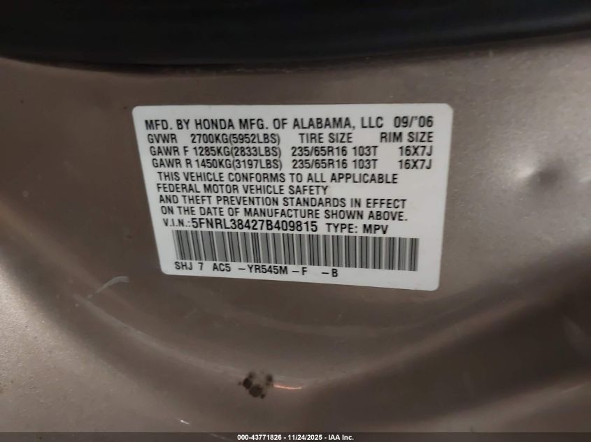 2007 Honda Odyssey Ex VIN: 5FNRL38427B409815 Lot: 43771826