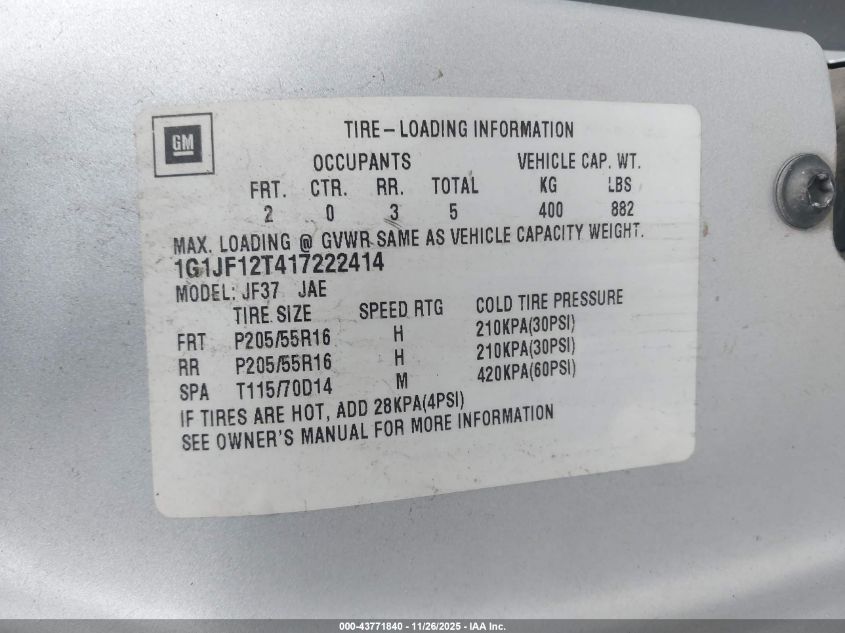 2001 Chevrolet Cavalier Z24 VIN: 1G1JF12T417222414 Lot: 43771840