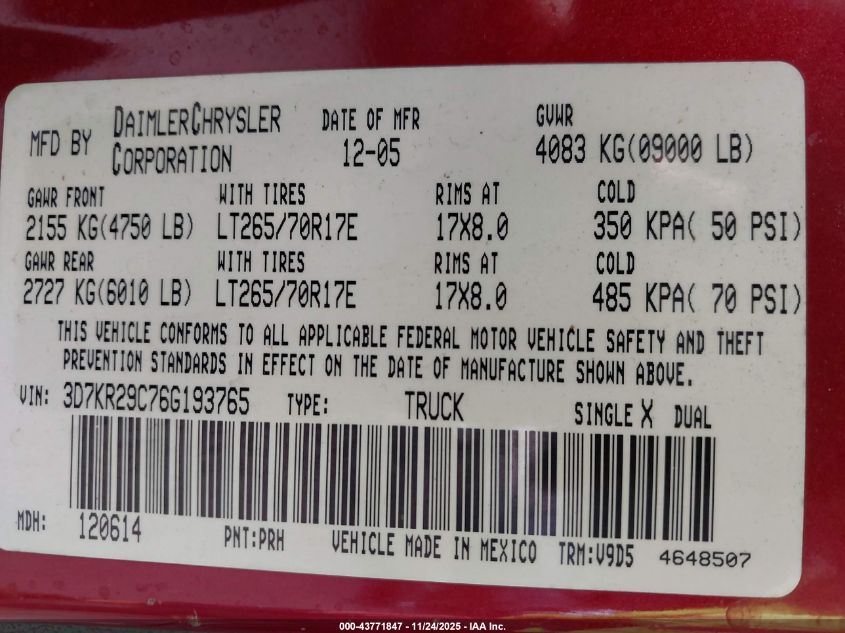 2006 Dodge Ram 2500 Slt VIN: 3D7KR29C76G193765 Lot: 43771847