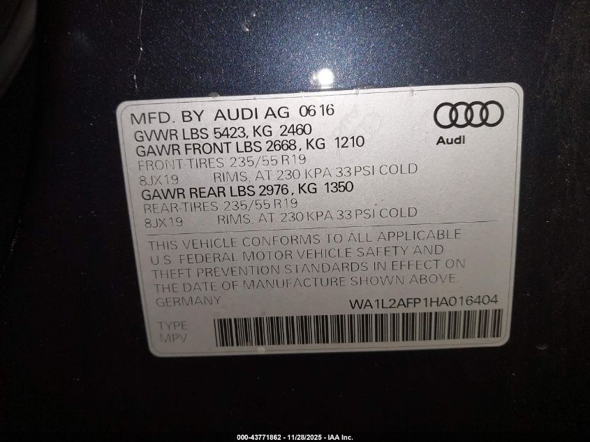 2017 Audi Q5 2.0T Premium VIN: WA1L2AFP1HA016404 Lot: 43771862
