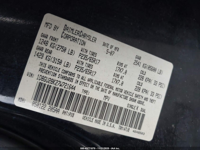 2007 Dodge Nitro Sxt VIN: 1D8GU28K27W721644 Lot: 43771879