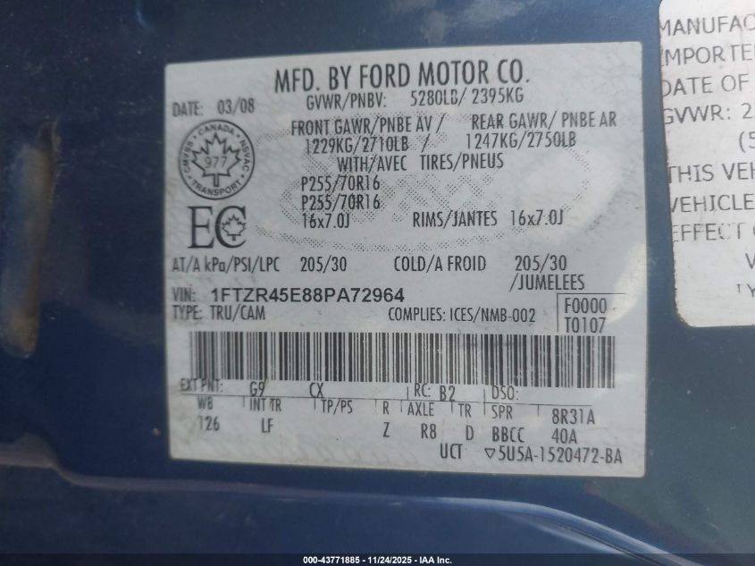 2008 Ford Ranger Fx4 Off-Road/Sport/Xlt VIN: 1FTZR45E88PA72964 Lot: 43771885