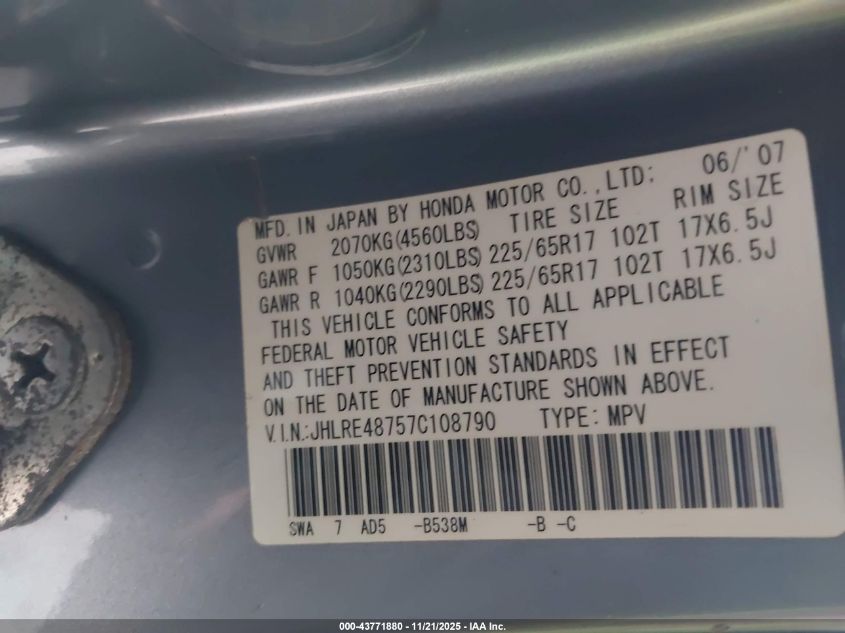2007 Honda Cr-V Ex-L VIN: JHLRE48757C108790 Lot: 43771880