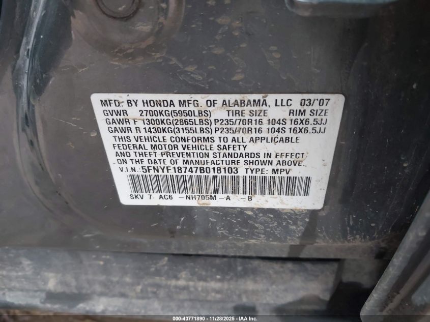 2007 Honda Pilot Ex-L VIN: 5FNYF18747B018103 Lot: 43771890
