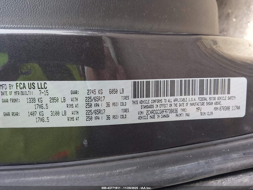 2015 Dodge Grand Caravan Sxt Plus VIN: 2C4RDGCG0FR738036 Lot: 43771911