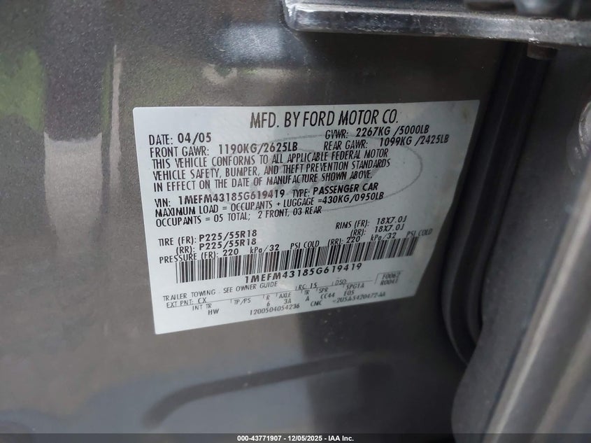 1MEFM43185G619419 2005 MERCURY MONTEGO photo no. 9