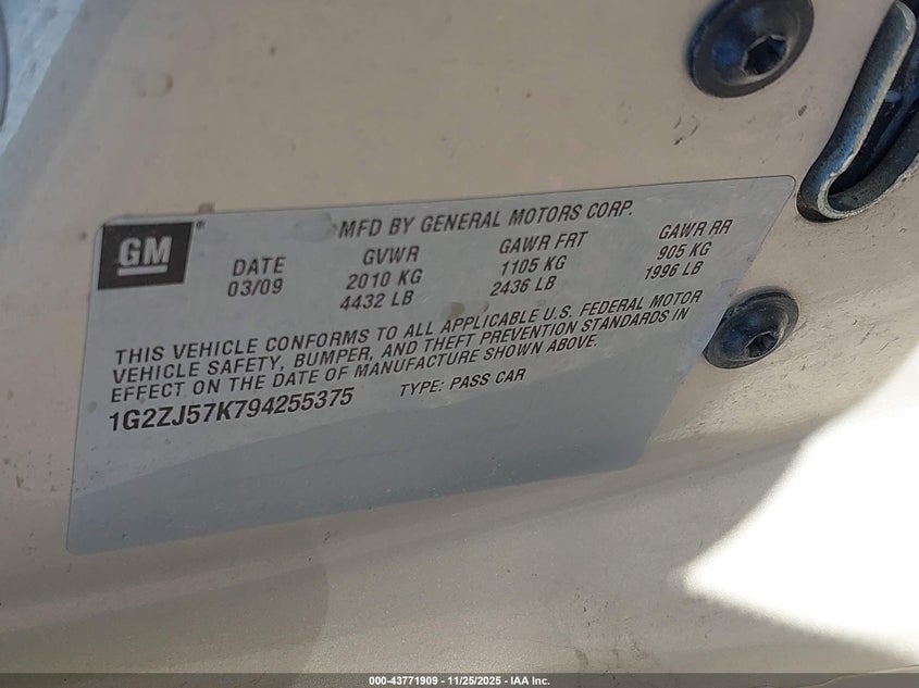 2009 Pontiac G6 New Se VIN: 1G2ZJ57K794255375 Lot: 43771909