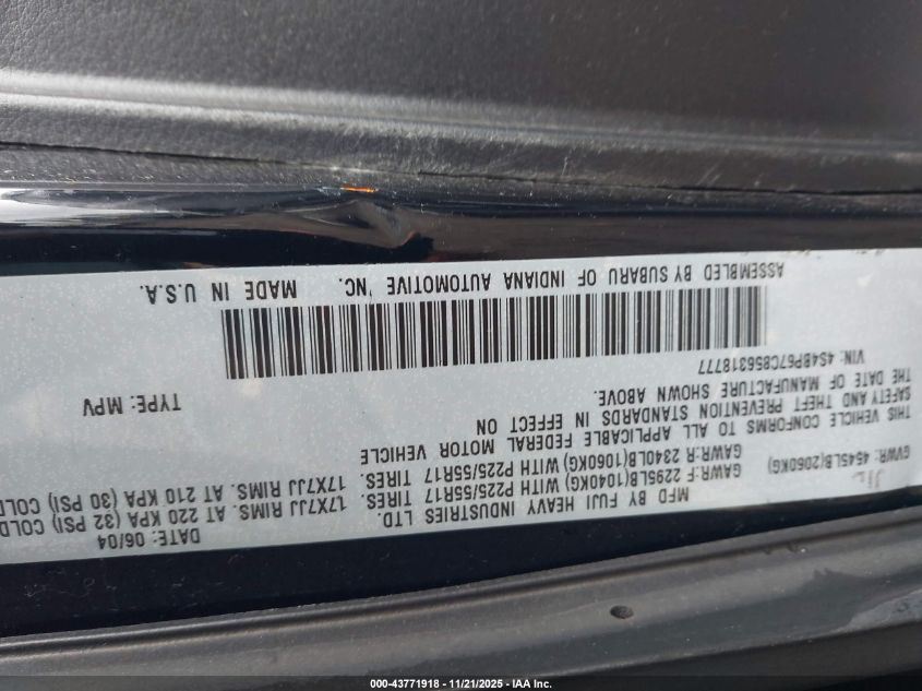 2005 Subaru Outback 2.5Xt Limited VIN: 4S4BP67C856318777 Lot: 43771918