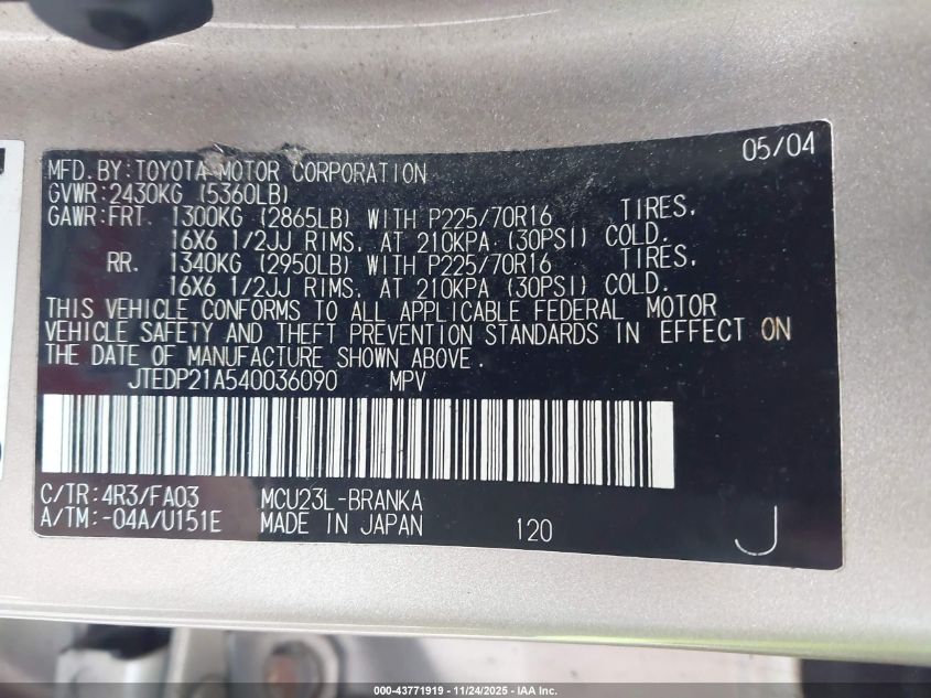 2004 Toyota Highlander V6 VIN: JTEDP21A540036090 Lot: 43771919