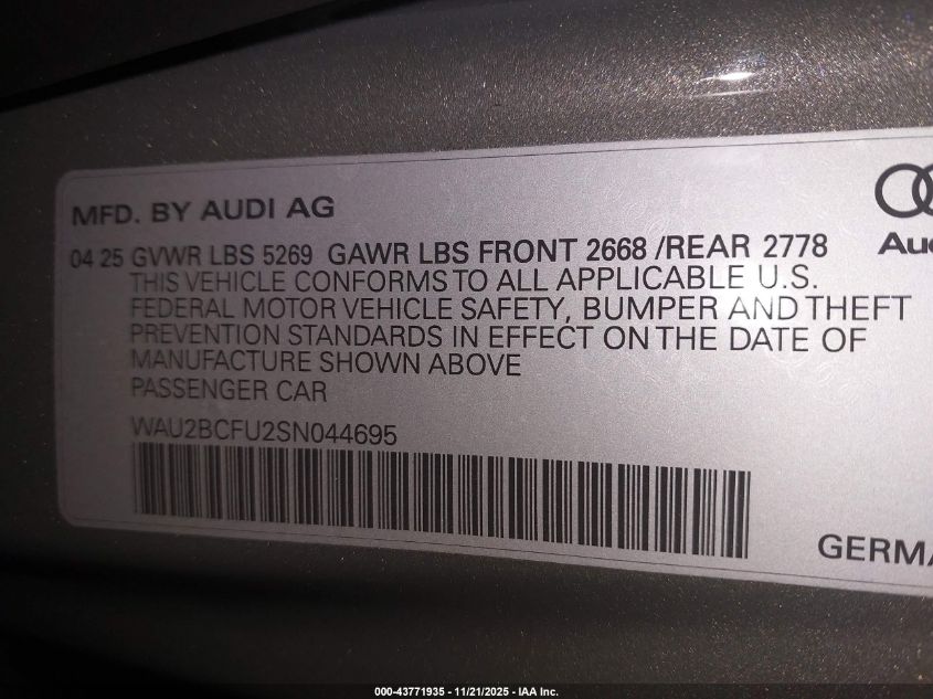 2025 Audi All-New A5 Premium Plus Tfsi Quattro S Tronic VIN: WAU2BCFU2SN044695 Lot: 43771935