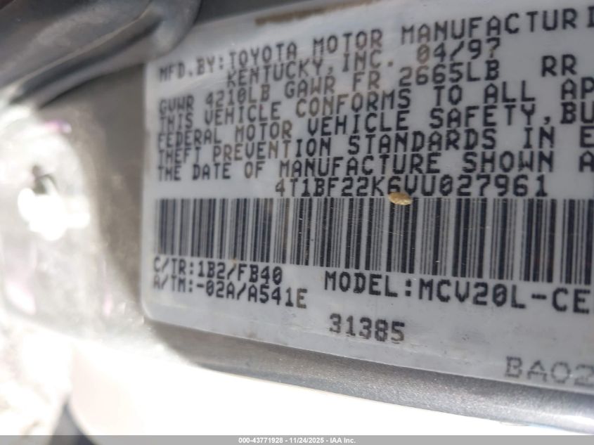 1997 Toyota Camry Le V6 VIN: 4T1BF22K6VU027961 Lot: 43771928