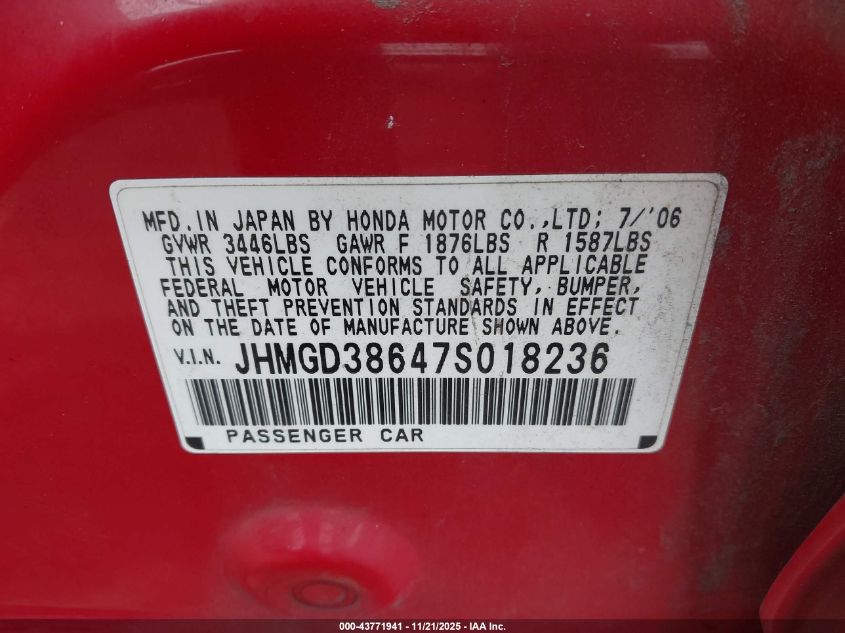 2007 Honda Fit Sport VIN: JHMGD38647S018236 Lot: 43771941