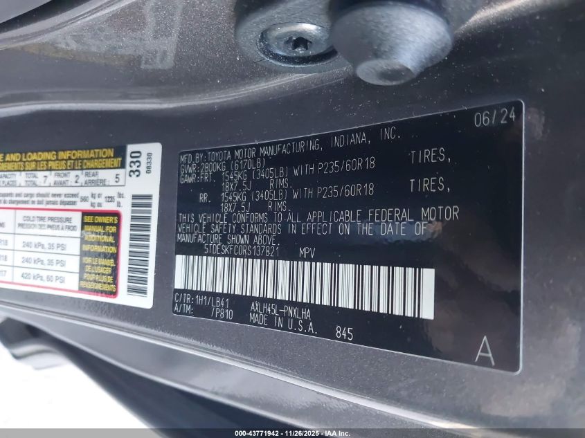 2024 Toyota Sienna Platinum VIN: 5TDESKFC0RS137821 Lot: 43771942