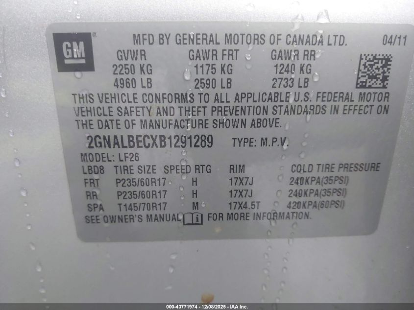 2011 Chevrolet Equinox Ls VIN: 2GNALBECXB1291289 Lot: 43771974