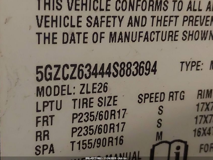 2004 Saturn Vue V6 VIN: 5GZCZ63444S883694 Lot: 43771980