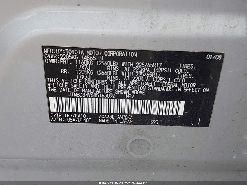 2008 Toyota Rav4 Limited VIN: JTMBD34V685163092 Lot: 43771985