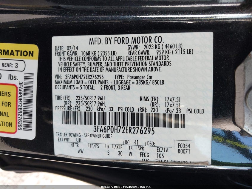 2014 Ford Fusion Se VIN: 3FA6P0H72ER276295 Lot: 43771986
