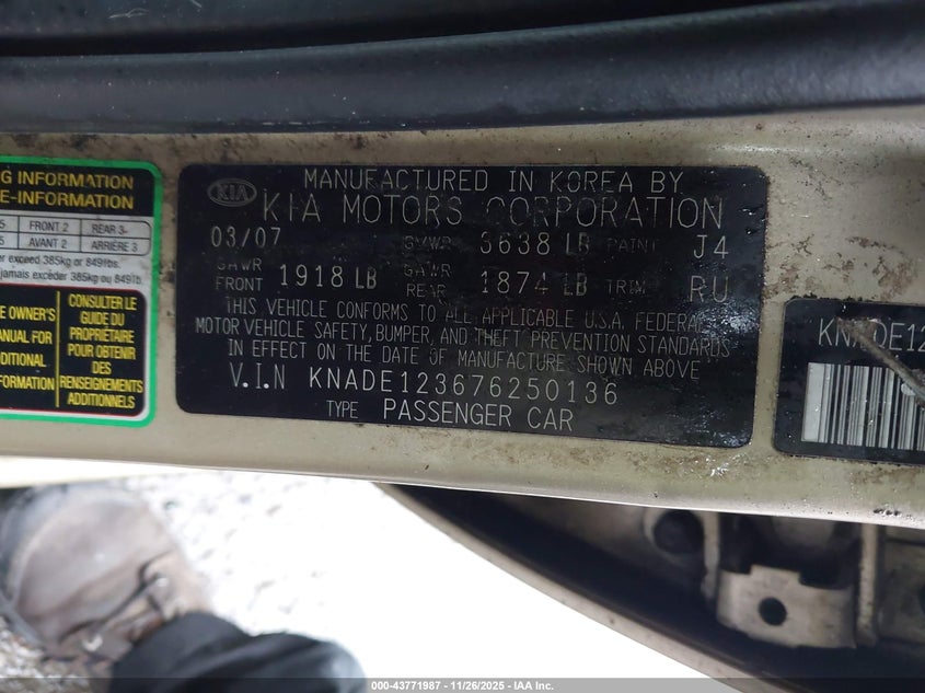 2007 Kia Rio Lx VIN: KNADE123676250136 Lot: 43771987