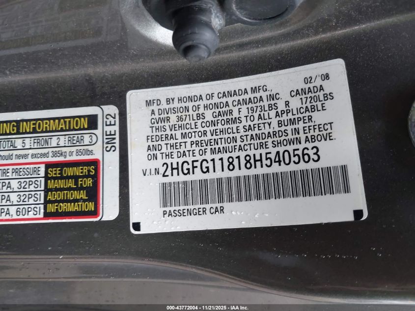 2008 Honda Civic Ex VIN: 2HGFG11818H540563 Lot: 43772004