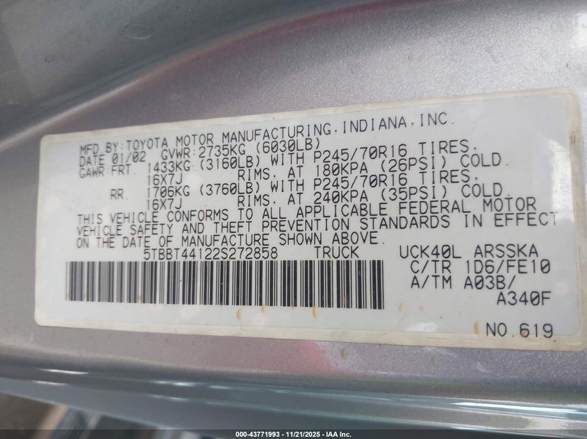 2002 Toyota Tundra Sr5 V8 VIN: 5TBBT44122S272858 Lot: 43771993