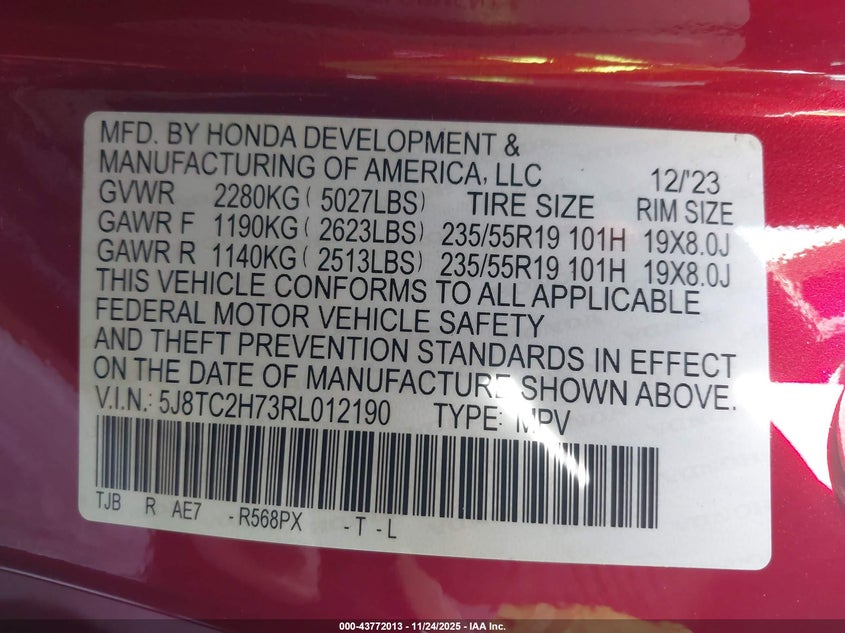 2024 Acura Rdx Advance Package VIN: 5J8TC2H73RL012190 Lot: 43772013