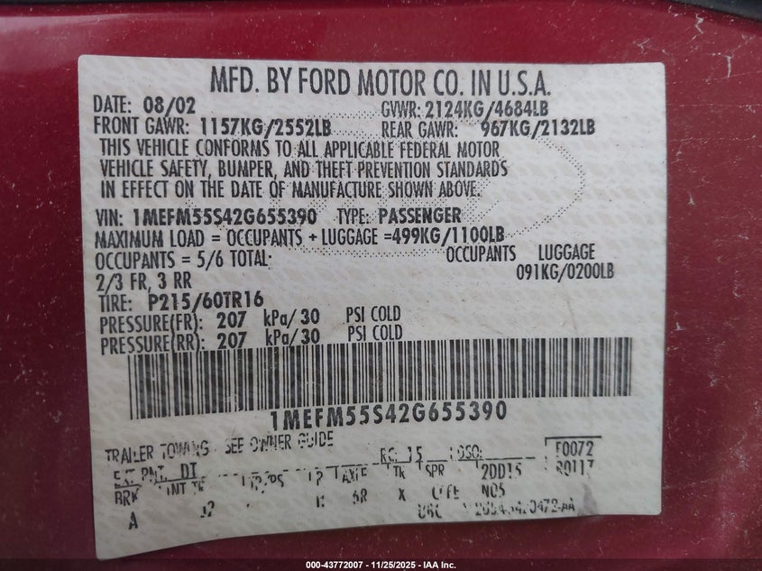 2002 Mercury Sable Ls Premium VIN: 1MEFM55S42G655390 Lot: 43772007