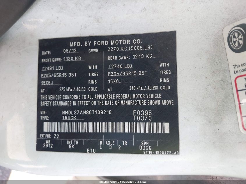 2012 Ford Transit Connect Xl VIN: NM0LS7AN8CT109218 Lot: 43772029