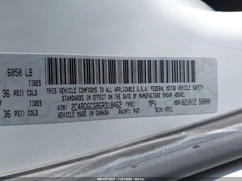 2016 Dodge Grand Caravan Sxt VIN: 2C4RDGCG8GR318462 Lot: 43772037